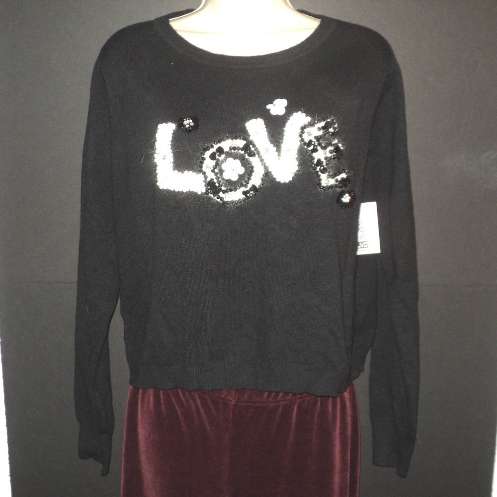 NEW Lavoro Size M Beaded LOVE Sweater Black